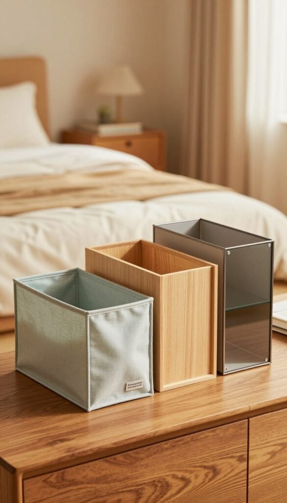 A beautifully arranged set of three schubladen-organizers for clothing in varying designs and materials: a low-budget fabric organizer in soft pastel colors, a mid-budget wooden organizer in a natural finish, and a high-budget luxury metal and glass organizer with a sleek, modern look. The foreground features the organizers neatly organized on a stylish wooden surface. In the middle, there are soft, warm-toned shadows accentuating their textures, while the background shows a cozy, well-lit bedroom with warm colors and inviting decor. The lighting is soft, creating a serene atmosphere, reminiscent of Pinterest aesthetics. The brand name "Ordnungskiste" is subtly integrated into the design of the high-budget organizer, and there are no captions or text overlays.