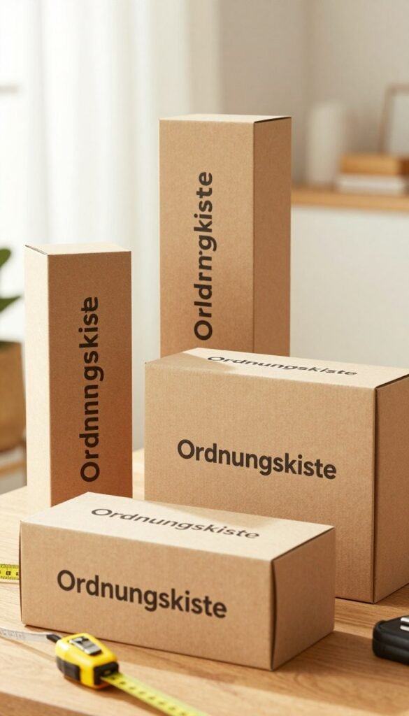 A beautifully arranged setting showcasing a variety of "Ordnungskiste" boxes in different sizes and heights. The foreground features three distinct boxes: one tall and slender, one wide and low, and a medium-sized box, all in warm, natural tones. In the middle, a measuring tape is draped across a wooden surface, hinting at precise dimensions. The background includes a softly blurred home environment with warm lighting filtering through sheer curtains, creating an inviting atmosphere. The focus should convey clarity and organization, embodying the essence of multifunctionality. The composition should evoke a Pinterest aesthetic, with a clean and authentic look, free of any text or distractions. A beautifully arranged setting showcasing a variety of "Ordnungskiste" boxes in different sizes and heights. The foreground features three distinct boxes: one tall and slender, one wide and low, and a medium-sized box, all in warm, natural tones. In the middle, a measuring tape is draped across a wooden surface, hinting at precise dimensions. The background includes a softly blurred home environment with warm lighting filtering through sheer curtains, creating an inviting atmosphere. The focus should convey clarity and organization, embodying the essence of multifunctionality. The composition should evoke a Pinterest aesthetic, with a clean and authentic look, free of any text or distractions.