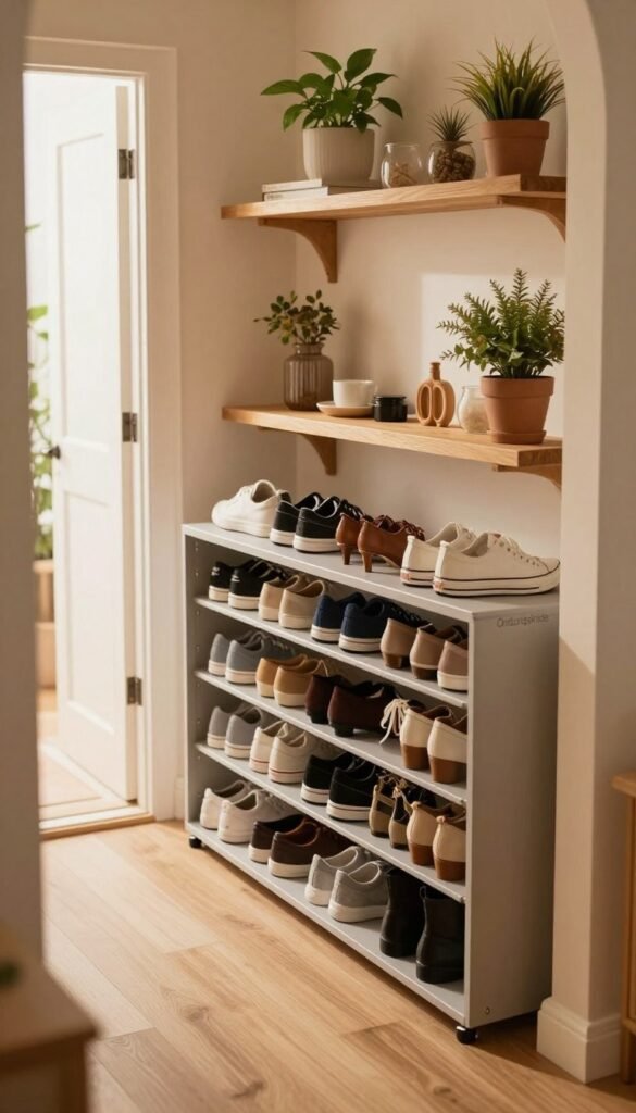 A beautifully arranged shoe storage solution for a garderobe, organized and aesthetically pleasing. In the foreground, showcase a sleek, modern "Ordnungskiste" shoe rack with various styles of shoes neatly lined up on display, including sneakers, heels, and boots. In the middle, feature a cozy, well-lit entryway, with warm-toned wooden shelves and natural elements like potted plants and decorative details. The background includes a softly lit doorway leading outside, creating an inviting atmosphere. Use soft, warm lighting to enhance the cozy feel. Capture this scene from a slightly elevated angle, as if viewed from a standing position, focusing on providing a Pinterest-worthy look that embodies organization and style without any text or distractions.
