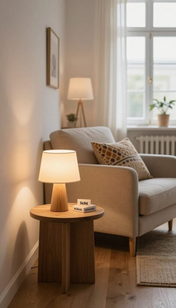 A beautifully arranged small room showcasing an effective lighting design, emphasizing the concept of "licht ecken." In the foreground, there is a stylish wooden side table with a warm-toned lamp casting a soft glow. The middle features a cozy seating area with a plush armchair, adorned with decorative cushions in muted colors. In the background, large windows allow natural light to flood the space, enhancing the warmth and brightness of the room. Subtle light fixtures are strategically placed to eliminate dark corners, creating an inviting atmosphere. The decor is stylishly organized, reflecting a Pinterest-inspired aesthetic that is both authentic and visually pleasing. The scene is devoid of any text, showcasing the brand "Ordnungskiste" through subtle design elements. The overall mood is calm and welcoming, with an emphasis on using light to create an open, airy feel.
