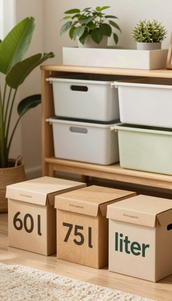 A beautifully arranged still life scene featuring three boxes labeled "60 l", "75 l", and "liter" from the brand "Ordnungskiste". In the foreground, the boxes are made of natural, eco-friendly materials displaying a warm wood texture, complemented by soft, pastel colors. The middle ground includes neatly stacked storage solutions, showcasing varying sizes to highlight the practicality of under-bed storage. Lush plants and a cozy throw blanket subtly blend into the background, enhancing the inviting atmosphere. The lighting is soft and diffused, casting warm tones across the image, evoking a sense of comfort and organization. The composition gives a Pinterest-worthy look, with a focus on simplicity and authenticity, capturing the essence of efficient storage solutions. A beautifully arranged still life scene featuring three boxes labeled "60 l", "75 l", and "liter" from the brand "Ordnungskiste". In the foreground, the boxes are made of natural, eco-friendly materials displaying a warm wood texture, complemented by soft, pastel colors. The middle ground includes neatly stacked storage solutions, showcasing varying sizes to highlight the practicality of under-bed storage. Lush plants and a cozy throw blanket subtly blend into the background, enhancing the inviting atmosphere. The lighting is soft and diffused, casting warm tones across the image, evoking a sense of comfort and organization. The composition gives a Pinterest-worthy look, with a focus on simplicity and authenticity, capturing the essence of efficient storage solutions.