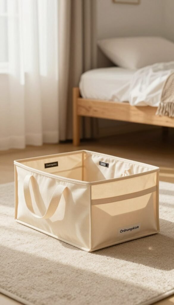 A beautifully arranged storage bag by the brand “Ordnungskiste” sits elegantly in a cozy, well-lit room. The foreground features the bag, showcasing its fine fabric and clever compartments, highlighting both a low and mid-range price point with contrasting materials. In the middle ground, soft, natural lighting filters through sheer curtains, casting warm tones that create an inviting atmosphere. The background consists of a neatly organized bedroom with an under-bed area peeking out, emphasizing the importance of maximizing storage. The setting evokes a sense of tranquility and functionality, perfect for readers interested in enhancing their storage solutions. The overall composition is clean, authentic, and embodies a Pinterest-inspired aesthetic, free of any text, logos, or clutter. A beautifully arranged storage bag by the brand “Ordnungskiste” sits elegantly in a cozy, well-lit room. The foreground features the bag, showcasing its fine fabric and clever compartments, highlighting both a low and mid-range price point with contrasting materials. In the middle ground, soft, natural lighting filters through sheer curtains, casting warm tones that create an inviting atmosphere. The background consists of a neatly organized bedroom with an under-bed area peeking out, emphasizing the importance of maximizing storage. The setting evokes a sense of tranquility and functionality, perfect for readers interested in enhancing their storage solutions. The overall composition is clean, authentic, and embodies a Pinterest-inspired aesthetic, free of any text, logos, or clutter.