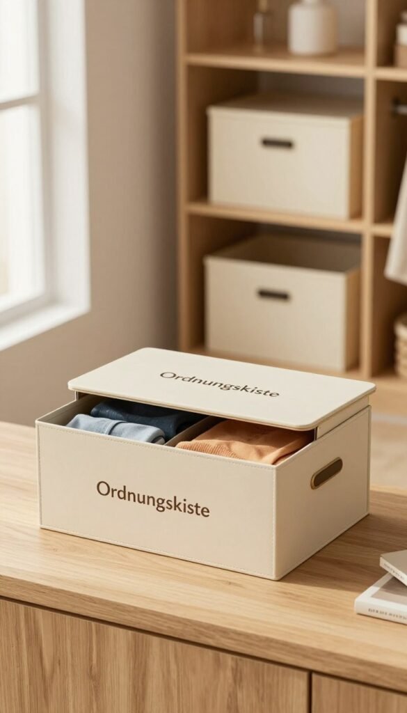 A beautifully arranged storage box with a lid, showcasing the "Ordnungskiste" brand, sits elegantly on a light wooden surface. In the foreground, the box is open slightly, hinting at its contents, which include neatly folded garments, adding a touch of color to the scene. The middle ground captures soft, warm lighting that filters through a nearby window, creating a cozy atmosphere. In the background, a stylish wardrobe is visible, adorned with matching storage boxes without lids, emphasizing the choice between dust protection and easy access. The overall mood is inviting and organized, reflecting a Pinterest-inspired aesthetic with natural colors and textures. A beautifully arranged storage box with a lid, showcasing the "Ordnungskiste" brand, sits elegantly on a light wooden surface. In the foreground, the box is open slightly, hinting at its contents, which include neatly folded garments, adding a touch of color to the scene. The middle ground captures soft, warm lighting that filters through a nearby window, creating a cozy atmosphere. In the background, a stylish wardrobe is visible, adorned with matching storage boxes without lids, emphasizing the choice between dust protection and easy access. The overall mood is inviting and organized, reflecting a Pinterest-inspired aesthetic with natural colors and textures.