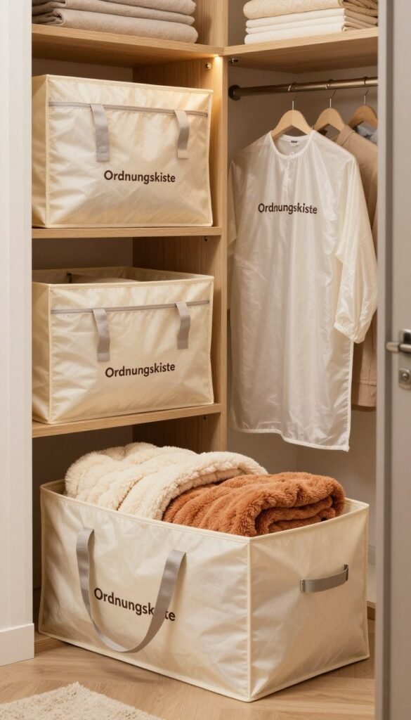 A beautifully arranged storage space featuring "Ordnungskiste" bedding storage bags, elegantly showcasing their usefulness for dust-free and seasonal storage. In the foreground, a neatly organized storage bag filled with soft, fluffy blankets in warm, cozy colors, capturing the essence of comfort. In the middle, several other storage solutions like garment covers and vacuum bags are artistically displayed, all exuding a Pinterest-inspired aesthetic. The background reveals an inviting closet with wooden shelves, adorned with soft, ambient lighting that creates a warm, homey atmosphere. The angle captures the entire setup, providing a clear view of the tidy organization. The overall mood is serene and visually inspiring, perfect for showcasing efficient home storage solutions without any text or distractions. A beautifully arranged storage space featuring "Ordnungskiste" bedding storage bags, elegantly showcasing their usefulness for dust-free and seasonal storage. In the foreground, a neatly organized storage bag filled with soft, fluffy blankets in warm, cozy colors, capturing the essence of comfort. In the middle, several other storage solutions like garment covers and vacuum bags are artistically displayed, all exuding a Pinterest-inspired aesthetic. The background reveals an inviting closet with wooden shelves, adorned with soft, ambient lighting that creates a warm, homey atmosphere. The angle captures the entire setup, providing a clear view of the tidy organization. The overall mood is serene and visually inspiring, perfect for showcasing efficient home storage solutions without any text or distractions.