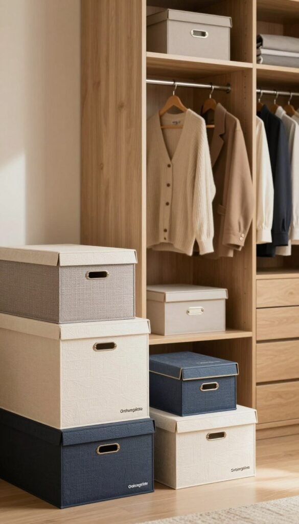 A beautifully arranged wardrobe showcasing various storage boxes, specifically designed to fit within closet spaces. In the foreground, several stylish "Ordnungskiste" storage boxes of different sizes are neatly stacked, displaying their textures and materials. In the middle, an open closet reveals a well-organized interior with clothes hanging on sleek hangers and additional boxes tucked onto shelves, emphasizing the ideal sizes for efficient use. The background features softly blurred wooden walls adorned with warm colors, creating a cozy atmosphere. Soft, natural lighting filters in from the side, enhancing the inviting feel of the space. The image captures a Pinterest-worthy aesthetic, focusing on cleanliness and organization, without any text overlays or distractions. A beautifully arranged wardrobe showcasing various storage boxes, specifically designed to fit within closet spaces. In the foreground, several stylish "Ordnungskiste" storage boxes of different sizes are neatly stacked, displaying their textures and materials. In the middle, an open closet reveals a well-organized interior with clothes hanging on sleek hangers and additional boxes tucked onto shelves, emphasizing the ideal sizes for efficient use. The background features softly blurred wooden walls adorned with warm colors, creating a cozy atmosphere. Soft, natural lighting filters in from the side, enhancing the inviting feel of the space. The image captures a Pinterest-worthy aesthetic, focusing on cleanliness and organization, without any text overlays or distractions.