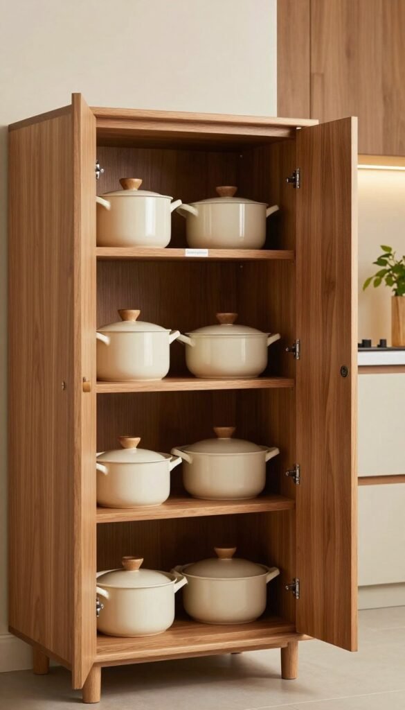 A beautifully designed LeMans corner cabinet in a modern kitchen setting, showcasing premium rotating shelves for pots and pans. The foreground features elegant wooden shelves with pots and pans neatly organized, reflecting a sense of order and functionality. The middle ground displays the cabinet fully open, highlighting the smooth functionality of the swivel system. The background includes a softly lit kitchen space with warm, inviting colors, stylish cabinetry, and a hint of greenery for a fresh atmosphere. The lighting is soft and natural, enhancing the warmth of the wood tones. Capture this scene in a Pinterest-worthy style, emphasizing authenticity and beauty without any text or logos, except for the brand name "Ordnungskiste" subtly displayed on one of the shelves.