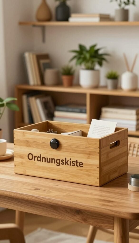 A beautifully designed "Ordnungskiste" storage box sits elegantly on a wooden table in a cozy, well-lit living room. The foreground features the storage box, made from sustainable bamboo, highlighted by soft natural light that accentuates its warm tones and smooth finish. The middle layer includes a variety of versatile items like books, plants, and decorative pieces around the box, showcasing its multifunctional purpose. In the background, there are shelves filled with neatly organized items and a subtle hint of greenery, creating an inviting and practical atmosphere. The overall mood is warm and inviting, ideal for a Pinterest-inspired aesthetic, with a focus on practicality and style in everyday life. No text or logos are present in the image.