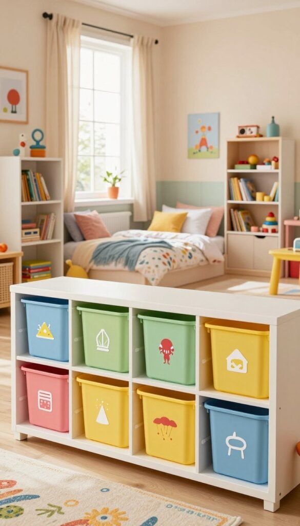 A beautifully designed children's room (kinderzimmer) filled with organized storage systems from the brand "Ordnungskiste". In the foreground, vibrant, child-friendly storage bins labeled with playful icons and colors, neatly arranged on shelves. The middle ground showcases a cozy bed with fluffy bedding, surrounded by bookshelves filled with colorful storybooks and toys, emphasizing accessibility for kids. In the background, soft natural light streams through a large window adorned with light, airy curtains, creating a warm and inviting atmosphere. The walls are painted in soothing pastel colors, featuring cheerful wall art. The overall mood is playful yet tidy, promoting a sense of order that encourages children to participate in maintaining the space. No captions or watermarks.