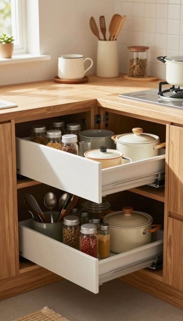 A beautifully designed corner kitchen cabinet featuring practical pull-out drawers by the brand "Ordnungskiste". The foreground highlights the smooth, sleek pull-out mechanisms, filled with organized kitchen items like spices, utensils, and pots, showcasing optimal storage use. In the middle ground, the cabinet is positioned in a cozy, modern kitchen setting with warm, inviting colors. The background includes soft, natural lighting coming from a window, illuminating the wood grain of the cabinet and surrounding decor. The overall atmosphere is homely and stylish, inspiring viewers to maximize their kitchen space with clever storage solutions. Authentic and visually appealing, the image has a Pinterest aesthetic with no text or branding visible aside from the product itself. A beautifully designed corner kitchen cabinet featuring practical pull-out drawers by the brand "Ordnungskiste". The foreground highlights the smooth, sleek pull-out mechanisms, filled with organized kitchen items like spices, utensils, and pots, showcasing optimal storage use. In the middle ground, the cabinet is positioned in a cozy, modern kitchen setting with warm, inviting colors. The background includes soft, natural lighting coming from a window, illuminating the wood grain of the cabinet and surrounding decor. The overall atmosphere is homely and stylish, inspiring viewers to maximize their kitchen space with clever storage solutions. Authentic and visually appealing, the image has a Pinterest aesthetic with no text or branding visible aside from the product itself.