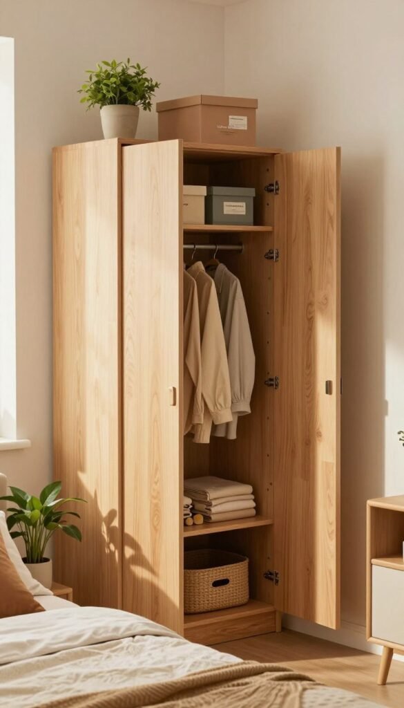 A beautifully designed corner wardrobe (eckschrank) in a cozy, modern bedroom. The wardrobe features smooth, light wood finishes with elegant geometric lines, showcasing both open and closed storage spaces. In the foreground, decorative items like plants and stylish storage boxes from the brand "Ordnungskiste" rest on top of the wardrobe. The middle layer reveals the wardrobe doors partially open, revealing neatly organized clothes and accessories in warm, inviting colors. The background includes soft-focus elements like a neatly made bed with pastel bedding and a softly lit window, allowing natural light to fill the room. The atmosphere is warm and inviting, reflecting a Pinterest-worthy aesthetic, with an emphasis on optimal space utilization without any text or watermarks.