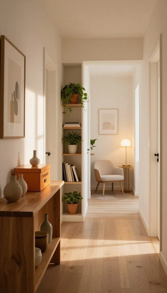 A beautifully designed corridor showcasing clever storage solutions. In the foreground, an elegant wooden console table displays decorative items and a stylish "Ordnungskiste" storage box, with warm, inviting colors. The middle features a narrow shelf built into the wall, filled with potted plants and books, highlighting the transformation of dead space into functional storage. In the background, a well-lit hallway leads to a cozy nook adorned with a modern chair and soft lighting fixtures, creating a serene atmosphere. The lighting should be soft and natural, with sunlight streaming in through a nearby window, casting gentle shadows. The overall mood is warm and inviting, embodying the charm of a Pinterest-inspired home office or living area.