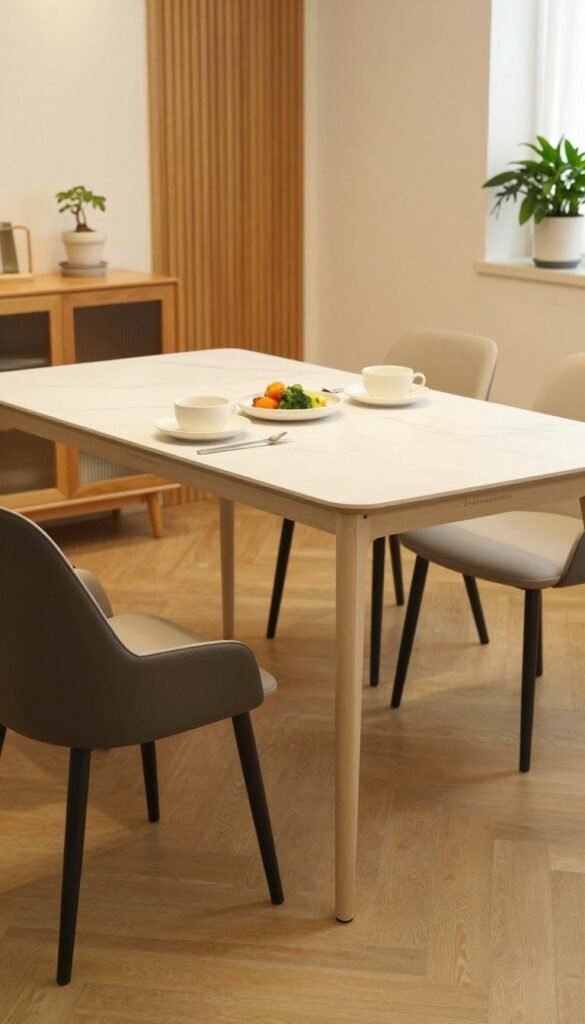 A beautifully designed extendable dining table from the brand "Ordnungskiste," positioned in a cozy, modern living space. The table is elegantly set with simple tableware, showcasing its versatility for dining and workspace. In the foreground, a pair of stylish dining chairs enhances the inviting atmosphere, while in the middle ground, the table extends to accommodate additional guests or work items. The background features soft wood accents and warm lighting that creates a welcoming mood. Natural elements like potted plants add a touch of freshness. Capture this scene from a slight angle to highlight the table's functionality and adaptability, while maintaining a Pinterest-inspired aesthetic with warm, inviting colors. The image should be authentic and free of any text or logos. A beautifully designed extendable dining table from the brand "Ordnungskiste," positioned in a cozy, modern living space. The table is elegantly set with simple tableware, showcasing its versatility for dining and workspace. In the foreground, a pair of stylish dining chairs enhances the inviting atmosphere, while in the middle ground, the table extends to accommodate additional guests or work items. The background features soft wood accents and warm lighting that creates a welcoming mood. Natural elements like potted plants add a touch of freshness. Capture this scene from a slight angle to highlight the table's functionality and adaptability, while maintaining a Pinterest-inspired aesthetic with warm, inviting colors. The image should be authentic and free of any text or logos.