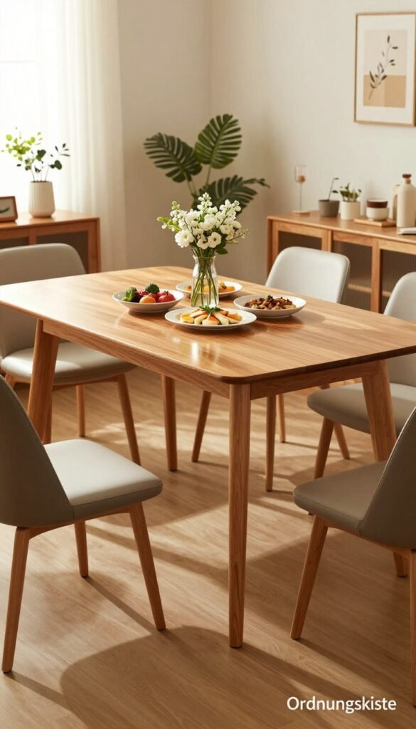 A beautifully designed extendable dining table, showcasing the transformation from a compact size to a larger configuration suitable for family gatherings. The table's surface is a warm wood tone, reflecting a cozy, inviting atmosphere. Surrounding the table are stylish, modern dining chairs, all placed in a well-lit, naturally decorated dining room. Soft, warm lighting highlights the table's elegant finish, while a tasteful arrangement of dishes and a floral centerpiece signifies a welcoming family dinner setting. The background features subtle decor elements like potted plants and wall art, enhancing the Pinterest-inspired aesthetic. The brand name "Ordnungskiste" is subtly integrated into the display. The overall feel is authentic, warm, and inviting, emphasizing space-saving design without any text or distractions. A beautifully designed extendable dining table, showcasing the transformation from a compact size to a larger configuration suitable for family gatherings. The table's surface is a warm wood tone, reflecting a cozy, inviting atmosphere. Surrounding the table are stylish, modern dining chairs, all placed in a well-lit, naturally decorated dining room. Soft, warm lighting highlights the table's elegant finish, while a tasteful arrangement of dishes and a floral centerpiece signifies a welcoming family dinner setting. The background features subtle decor elements like potted plants and wall art, enhancing the Pinterest-inspired aesthetic. The brand name "Ordnungskiste" is subtly integrated into the display. The overall feel is authentic, warm, and inviting, emphasizing space-saving design without any text or distractions.