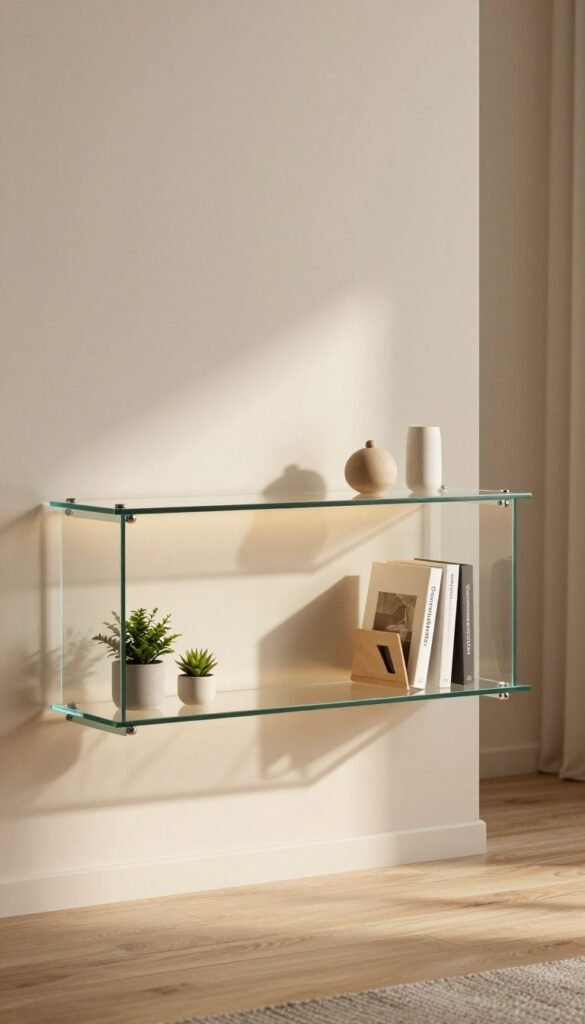 A beautifully designed glass shelf, representing minimalistic elegance, is the focal point in a stylish, contemporary living space. The foreground features the shelf with smooth, clear glass, showcasing a few decorative items like small plants and chic bookends. In the middle, warm, soft lighting casts gentle shadows, highlighting the quality of the materials and the craftsmanship attributed to the brand "Ordnungskiste." The background offers a cozy ambiance with neutral walls and light wooden accents, enhancing the sophistication of the setting. The overall atmosphere is inviting yet stylish, evoking a Pinterest-worthy aesthetic that reflects modern living without clutter. The composition is shot at eye level to emphasize the shelf's sleek lines and functionality, ensuring a safe for work environment, free from any distractions.