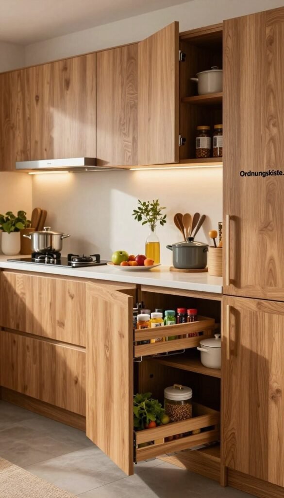 A beautifully designed kitchen featuring deep kitchen cabinets, showcasing the brand "Ordnungskiste." In the foreground, elegant wooden cabinet doors with sleek handles, slightly ajar to reveal organized shelves filled with kitchen essentials like pots and spices. In the middle ground, a spacious countertop displaying modern appliances and fresh ingredients, creating a warm and inviting atmosphere. The background features stylish wall decor and warm ambient lighting, enhancing the natural wood tones of the cabinets. The overall mood is cozy and functional, reflecting effective organization and smart use of space. The image captures the essence of practicality and aesthetic appeal in deep kitchen cabinets, presented in a tasteful, Pinterest-inspired style without any text or logos. A beautifully designed kitchen featuring deep kitchen cabinets, showcasing the brand "Ordnungskiste." In the foreground, elegant wooden cabinet doors with sleek handles, slightly ajar to reveal organized shelves filled with kitchen essentials like pots and spices. In the middle ground, a spacious countertop displaying modern appliances and fresh ingredients, creating a warm and inviting atmosphere. The background features stylish wall decor and warm ambient lighting, enhancing the natural wood tones of the cabinets. The overall mood is cozy and functional, reflecting effective organization and smart use of space. The image captures the essence of practicality and aesthetic appeal in deep kitchen cabinets, presented in a tasteful, Pinterest-inspired style without any text or logos.