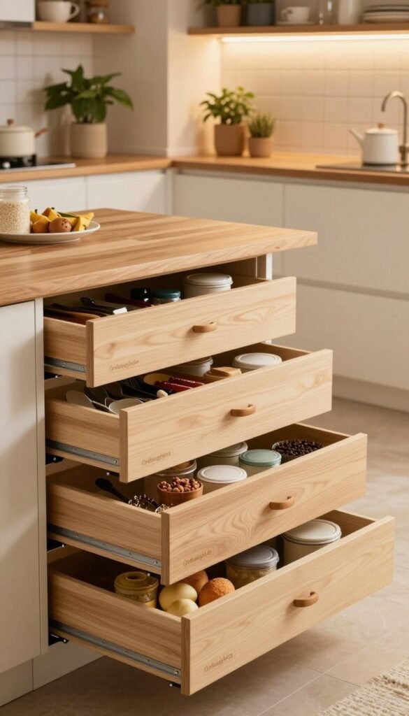 A beautifully designed kitchen interior featuring a close-up view of organized drawers at various heights. Showcase a range of storage systems, particularly emphasizing the "Ordnungskiste" brand. In the foreground, highlight neatly arranged utensils, spices, and food containers within the drawers. In the middle ground, display an elegant kitchen island made of natural wood, with warm lighting illuminating the space, creating a cozy and inviting atmosphere. The background includes modern cabinets with a soft color palette and plants on the countertops. The scene embodies a natural, Pinterest-worthy aesthetic with warm tones, inviting viewers to envision an ideal family kitchen. A beautifully designed kitchen interior featuring a close-up view of organized drawers at various heights. Showcase a range of storage systems, particularly emphasizing the "Ordnungskiste" brand. In the foreground, highlight neatly arranged utensils, spices, and food containers within the drawers. In the middle ground, display an elegant kitchen island made of natural wood, with warm lighting illuminating the space, creating a cozy and inviting atmosphere. The background includes modern cabinets with a soft color palette and plants on the countertops. The scene embodies a natural, Pinterest-worthy aesthetic with warm tones, inviting viewers to envision an ideal family kitchen.