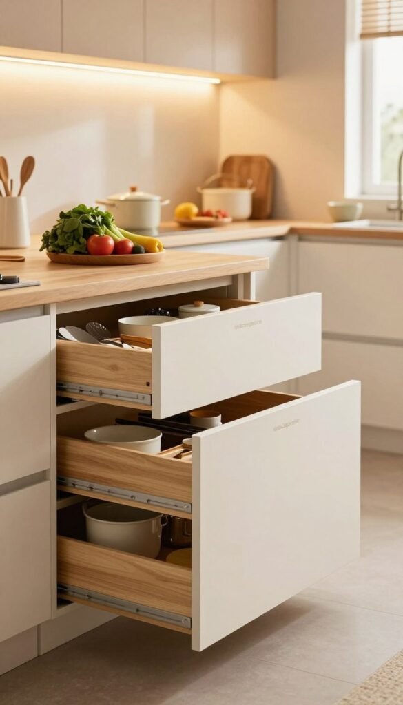A beautifully designed kitchen showcasing innovative "sockelschubladen" (base cabinet drawers) featuring ample hidden storage space. In the foreground, draw attention to a sleek, modern kitchen cabinet with softly closed drawers, revealing neatly organized utensils and kitchen gadgets within. The middle of the image captures a counter adorned with fresh ingredients and stylish cookware, enhancing the atmosphere. In the background, a warm, inviting light filters through a window, illuminating the cabinetry with a cozy ambiance. The kitchen features natural wood tones and soft colors for a Pinterest-inspired aesthetic. Incorporate the brand name "Ordnungskiste" subtly on one of the drawer fronts, ensuring it's unobtrusive. The overall mood is warm, inviting, and functional, illustrating the concept of maximizing space efficiently in a small kitchen. A beautifully designed kitchen showcasing innovative "sockelschubladen" (base cabinet drawers) featuring ample hidden storage space. In the foreground, draw attention to a sleek, modern kitchen cabinet with softly closed drawers, revealing neatly organized utensils and kitchen gadgets within. The middle of the image captures a counter adorned with fresh ingredients and stylish cookware, enhancing the atmosphere. In the background, a warm, inviting light filters through a window, illuminating the cabinetry with a cozy ambiance. The kitchen features natural wood tones and soft colors for a Pinterest-inspired aesthetic. Incorporate the brand name "Ordnungskiste" subtly on one of the drawer fronts, ensuring it's unobtrusive. The overall mood is warm, inviting, and functional, illustrating the concept of maximizing space efficiently in a small kitchen.