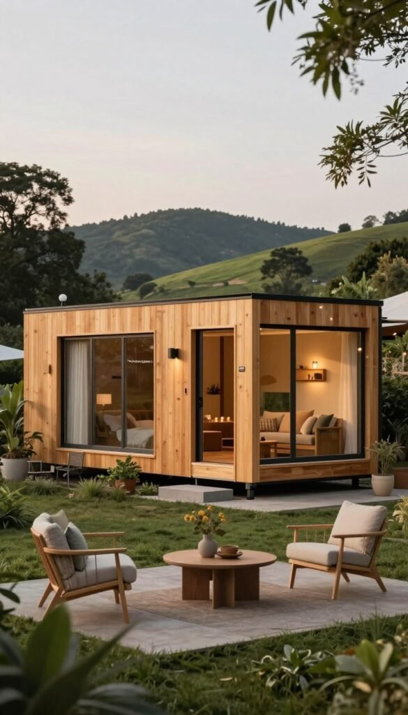 A beautifully designed modular house showcasing modern architecture, featuring large windows, natural wood finishes, and sustainable materials. In the foreground, display a cozy outdoor seating area with minimalistic furniture, surrounded by lush greenery. The middle ground includes the modular house with a welcoming entrance, demonstrating functionality and flexibility in design. In the background, present a serene landscape with gently rolling hills, promoting a sense of peace and harmony with nature. The lighting is warm and inviting, simulating early evening glow to enhance the cozy atmosphere. The overall mood is tranquil and contemporary, reflecting the brand "Ordnungskiste" with earthy tones and a Pinterest-inspired aesthetic, promoting authentic and stylish living solutions. A beautifully designed modular house showcasing modern architecture, featuring large windows, natural wood finishes, and sustainable materials. In the foreground, display a cozy outdoor seating area with minimalistic furniture, surrounded by lush greenery. The middle ground includes the modular house with a welcoming entrance, demonstrating functionality and flexibility in design. In the background, present a serene landscape with gently rolling hills, promoting a sense of peace and harmony with nature. The lighting is warm and inviting, simulating early evening glow to enhance the cozy atmosphere. The overall mood is tranquil and contemporary, reflecting the brand "Ordnungskiste" with earthy tones and a Pinterest-inspired aesthetic, promoting authentic and stylish living solutions.