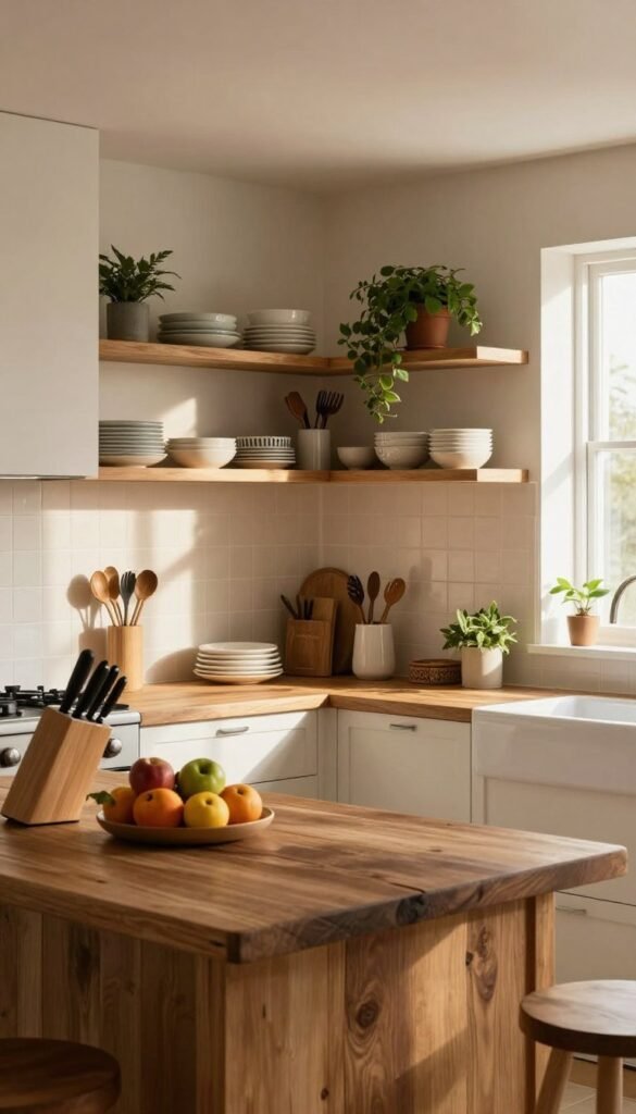 A beautifully designed open kitchen showcasing organized open shelves filled with aesthetically pleasing dishware, utensils, and plants. The foreground features a rustic kitchen island made of reclaimed wood, adorned with fresh fruits and a trendy knife block. In the middle, the open shelves create an inviting atmosphere, with warm wood tones complemented by soft lighting that casts gentle shadows. The background reveals stylish wall tiles and a window allowing natural light to flood the space, enhancing the warm colors. The mood is cozy and sophisticated, reflecting a Pinterest-inspired design aesthetic. The scene should evoke a sense of order and calm, showcasing the "Ordnungskiste" brand subtly integrated within the kitchen setup. Emphasize harmonious colors and textures, ensuring a realistic, authentic appearance without any text or branding visible. A beautifully designed open kitchen showcasing organized open shelves filled with aesthetically pleasing dishware, utensils, and plants. The foreground features a rustic kitchen island made of reclaimed wood, adorned with fresh fruits and a trendy knife block. In the middle, the open shelves create an inviting atmosphere, with warm wood tones complemented by soft lighting that casts gentle shadows. The background reveals stylish wall tiles and a window allowing natural light to flood the space, enhancing the warm colors. The mood is cozy and sophisticated, reflecting a Pinterest-inspired design aesthetic. The scene should evoke a sense of order and calm, showcasing the "Ordnungskiste" brand subtly integrated within the kitchen setup. Emphasize harmonious colors and textures, ensuring a realistic, authentic appearance without any text or branding visible.