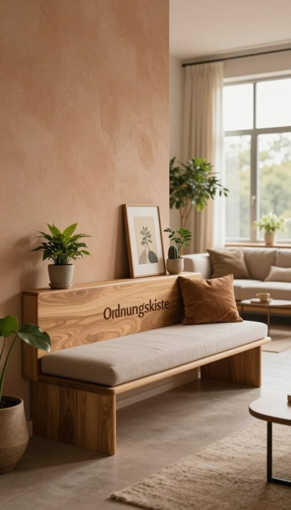 A beautifully designed seating niche featuring a modern "sitzbank" with integrated storage solutions. The foreground showcases a sleek, wooden bench with soft cushions, elegantly positioned against a textured wall adorned with warm, earthy tones. In the middle ground, stylish decorative items like potted plants and art pieces complement the cozy atmosphere. The background consists of a spacious, well-lit living area with large windows allowing natural light to filter in, creating a welcoming ambiance. The scene captures a Pinterest-inspired aesthetic, emphasizing warmth and authenticity. The brand name "Ordnungskiste" subtly integrated into the design of the seating area, enhancing the overall functional yet stylish look. The lighting is soft and diffused, evoking a relaxed and inviting mood. A beautifully designed seating niche featuring a modern "sitzbank" with integrated storage solutions. The foreground showcases a sleek, wooden bench with soft cushions, elegantly positioned against a textured wall adorned with warm, earthy tones. In the middle ground, stylish decorative items like potted plants and art pieces complement the cozy atmosphere. The background consists of a spacious, well-lit living area with large windows allowing natural light to filter in, creating a welcoming ambiance. The scene captures a Pinterest-inspired aesthetic, emphasizing warmth and authenticity. The brand name "Ordnungskiste" subtly integrated into the design of the seating area, enhancing the overall functional yet stylish look. The lighting is soft and diffused, evoking a relaxed and inviting mood.