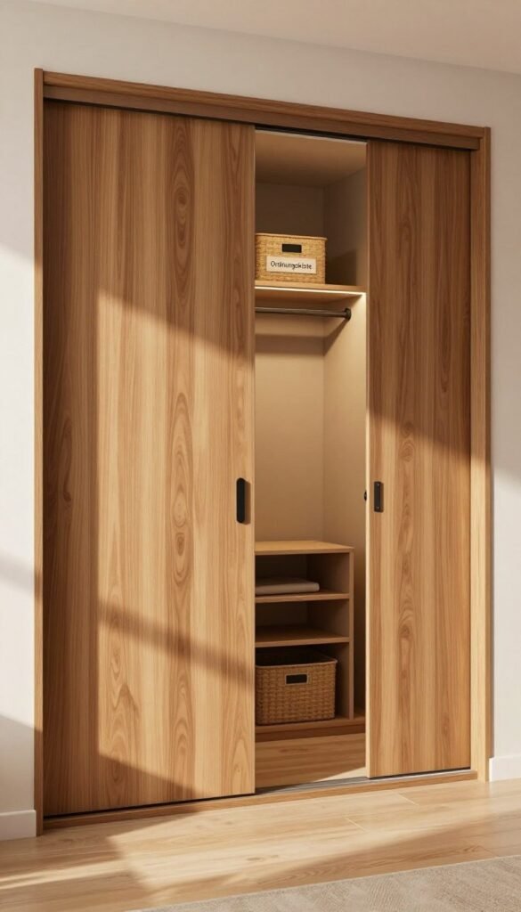 A beautifully designed small closet showcasing sliding doors with a modern aesthetic. The foreground features sleek, minimalistic sliding doors made of elegant wood, with a warm finish that reflects natural light. In the middle ground, the closet interior reveals organized storage solutions, including shelves and baskets labeled "Ordnungskiste," emphasizing optimal use of space with a Pinterest-inspired look. The background includes soft, warm lighting that creates a cozy and inviting atmosphere, enhancing the natural colors of the materials used. The overall mood is stylish and functional, capturing the essence of maximizing storage in limited spaces, with no text or distractions.