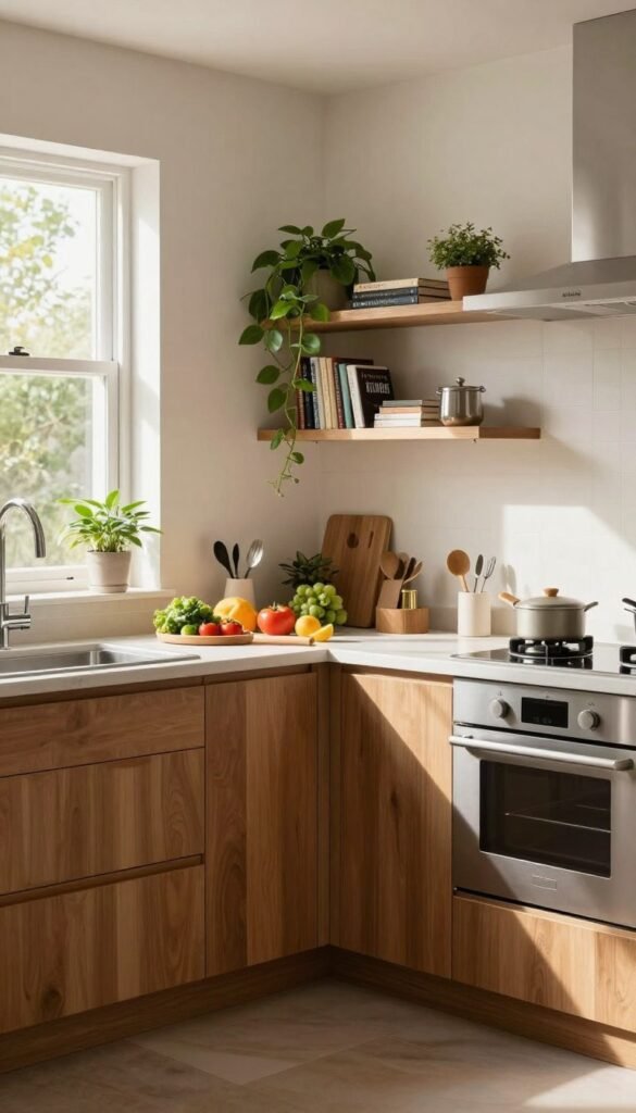 A beautifully designed small kitchen, showcasing an efficient layout in an L-shape. The foreground features sleek modern cabinetry in warm wood tones, complemented by minimalist stainless steel appliances. In the middle, a stylish kitchen island serves as a central workspace, with fresh ingredients and elegant utensils arranged neatly, inviting a sense of culinary creativity. The background displays light-colored walls with open shelves adorned with decorative cookbooks and vibrant plants, creating a cozy atmosphere. Soft, natural lighting floods the scene from a nearby window, casting gentle shadows that enhance the warmth of the space. The overall mood is inviting and organized, embodying clever space planning without any clutter. The image is in a Pinterest aesthetic, emphasizing authenticity and simplicity.