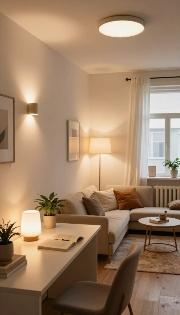 A beautifully designed small room featuring a thoughtful light planning concept, showcasing multiple light sources such as wall sconces, floor lamps, and table lamps instead of a single ceiling light. The foreground includes a stylish, organized workspace with a sleek desk and decorative elements like plants and books. In the middle, a cozy seating area with plush cushions and a warm rug invites comfort, all bathed in soft, warm lighting. The background reveals a window allowing natural light to filter in, complementing the artificial lights. Capture the elegant, minimalist aesthetic reflecting “Ordnungskiste” with natural images in warm colors, evoking a peaceful and inviting atmosphere that emphasizes functionality and structure. The view should be from a slightly elevated angle, showcasing the interplay of light across the space, enhancing the room's depth and character. A beautifully designed small room featuring a thoughtful light planning concept, showcasing multiple light sources such as wall sconces, floor lamps, and table lamps instead of a single ceiling light. The foreground includes a stylish, organized workspace with a sleek desk and decorative elements like plants and books. In the middle, a cozy seating area with plush cushions and a warm rug invites comfort, all bathed in soft, warm lighting. The background reveals a window allowing natural light to filter in, complementing the artificial lights. Capture the elegant, minimalist aesthetic reflecting “Ordnungskiste” with natural images in warm colors, evoking a peaceful and inviting atmosphere that emphasizes functionality and structure. The view should be from a slightly elevated angle, showcasing the interplay of light across the space, enhancing the room's depth and character.