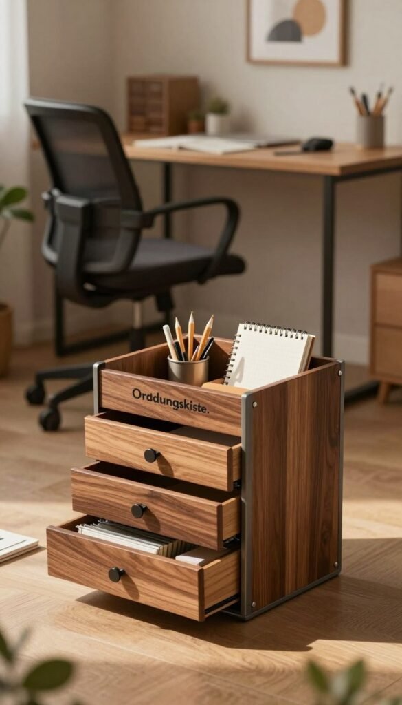 A beautifully designed "stauraum rollcontainer" by the brand "Ordnungskiste" occupies the foreground, showcasing its sleek and modern design. The container, made of rich wood and metal, features organized drawers filled with office supplies and notebooks. Soft, warm lighting highlights the textures of the materials, casting gentle shadows. In the middle ground, a small, stylish home office setup can be seen, complete with a minimalist desk and ergonomic chair, evoking a sense of productivity and order. The background displays subtle elements like plants and artwork, enhancing the cozy atmosphere. The overall mood is inviting and functional, perfect for a small home office, creating a Pinterest-like aesthetic that inspires organization and efficiency. A beautifully designed "stauraum rollcontainer" by the brand "Ordnungskiste" occupies the foreground, showcasing its sleek and modern design. The container, made of rich wood and metal, features organized drawers filled with office supplies and notebooks. Soft, warm lighting highlights the textures of the materials, casting gentle shadows. In the middle ground, a small, stylish home office setup can be seen, complete with a minimalist desk and ergonomic chair, evoking a sense of productivity and order. The background displays subtle elements like plants and artwork, enhancing the cozy atmosphere. The overall mood is inviting and functional, perfect for a small home office, creating a Pinterest-like aesthetic that inspires organization and efficiency.