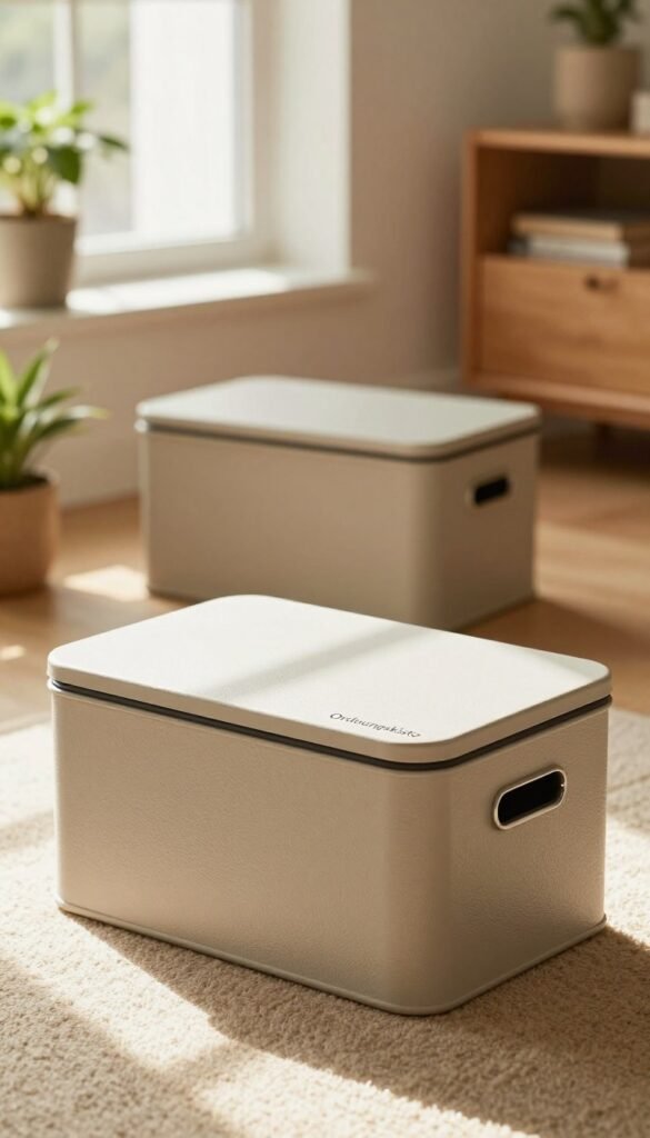 A beautifully designed storage box with a fitted lid, showcasing the brand name "Ordnungskiste", is placed in a cozy home environment. In the foreground, the focus is on the textured surface of the box and its sleek lid slightly ajar, inviting access. In the middle ground, two more boxes stack neatly, demonstrating their stability and practicality for everyday use. The background features warm, natural lighting streaming through a window, casting soft shadows and enhancing the inviting atmosphere. The surrounding decor includes potted plants and wooden furniture, contributing to a Pinterest-inspired aesthetic. Capture a sense of organization and functionality while ensuring the overall image feels warm and authentic, evoking a serene and tidy living space.
