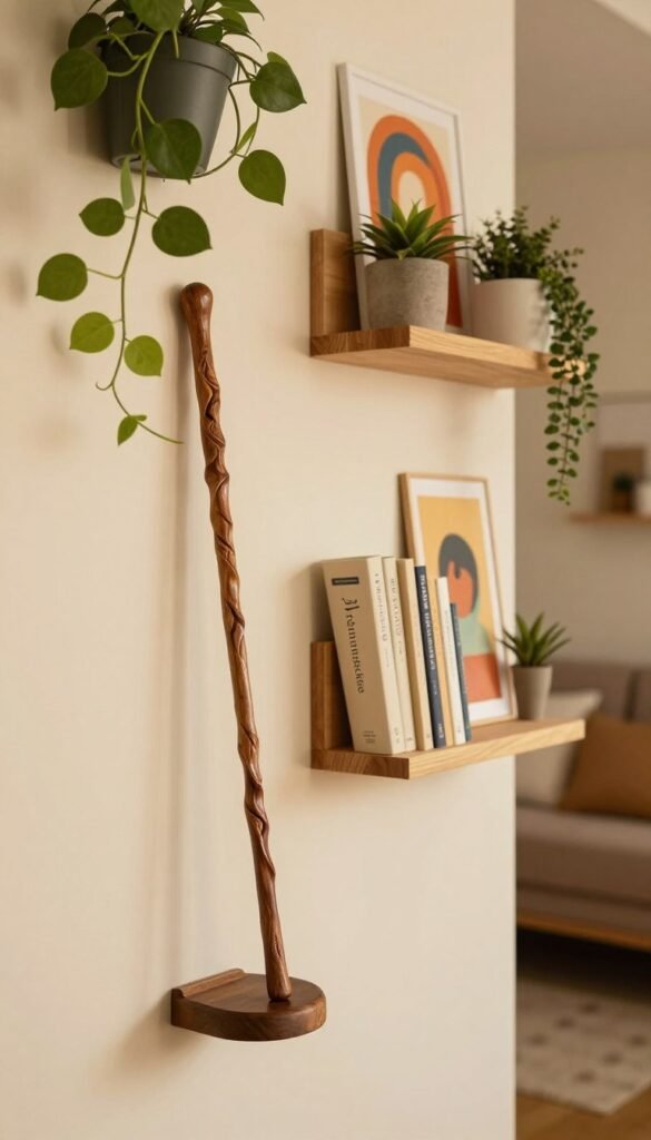 A beautifully designed wooden wand, elegantly displayed against a light cream wall, interspersed with hanging plants and decorative shelving. The foreground features the wand resting on a stylish mount, showcasing its intricate carvings and a smooth finish that glistens subtly in the warm, ambient light. In the middle ground, the wall is adorned with organized storage solutions from "Ordnungskiste", featuring neatly arranged books, small potted plants, and colorful art pieces, creating an inviting and cohesive look. The background fades softly into a cozy living room scene with soft textures and a warm atmosphere, evoking a sense of harmony and order in small spaces. The lighting is natural and warm, reminiscent of trends found on Pinterest, enhancing the authenticity of the image.