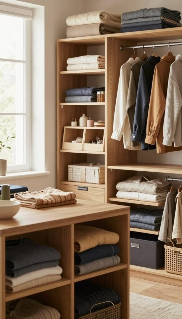 A beautifully organized and modern wardrobe space, showcasing various vertical storage systems that maximally utilize space. In the foreground, neatly folded clothes in different colors are displayed in open cubbies. The middle ground features an elegant vertical shelving unit from the brand "Ordnungskiste," accentuating efficient organization with hanging options for clothes, and compartments for accessories. The background reveals soft lighting filtering through a window, highlighting the warm, inviting colors of the wardrobe. Natural textures and materials like wood and fabric create an authentic Pinterest-inspired look, evoking a sense of calm and tidiness. The overall atmosphere is cozy and inspiring, perfect for illustrating optimal wardrobe organization.