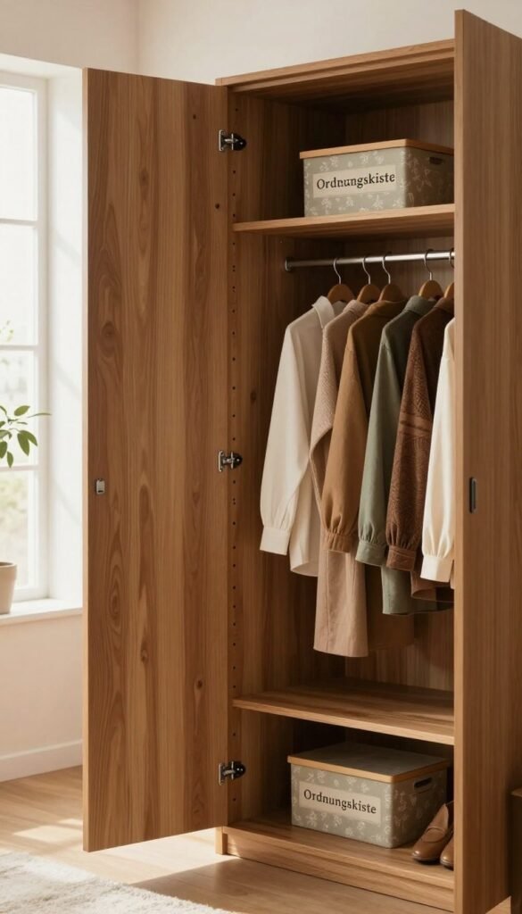 A beautifully organized and stylish modern "kleiderschrank" (wardrobe) set against a softly lit, airy room. The foreground features a sleek wooden wardrobe with open doors showcasing neatly arranged clothes in warm, earthy tones, like soft whites, browns, and muted greens. In the background, gentle, diffused sunlight filters in through a large window, highlighting a cozy, homely atmosphere. There are decorative containers labeled "Ordnungskiste" displayed on the shelves, emphasizing the theme of organization and space-saving. The composition captures a Pinterest-inspired aesthetic, drawing the viewer into a serene ambiance of orderly elegance. The image focuses on warmth and authenticity, with no text or distractions, showcasing how effective organization can enhance daily life.