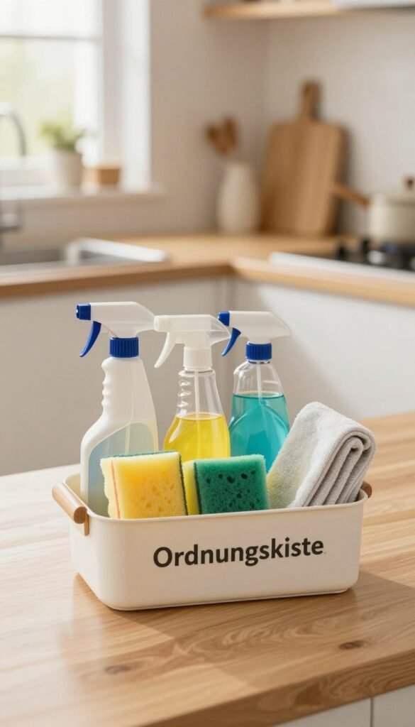 A beautifully organized and visually appealing cleaning caddy titled "Ordnungskiste", featuring an aesthetically pleasing array of eco-friendly cleaning supplies. The foreground showcases the caddy filled with vibrant spray bottles, microfiber cloths, and natural sponges, all harmoniously arranged. In the middle ground, a clean and tidy kitchen countertop reflects warm, inviting colors, emphasizing a tidy environment. The background features soft lighting filtering through a window, creating a cozy, homey atmosphere that suggests cleanliness without excessive clutter. A minimalistic design with wooden accents enhances the Pinterest-like aesthetic, conveying a sense of practicality and efficiency. The overall mood is one of calm and inspiration, perfect for promoting effective home cleaning organization.
