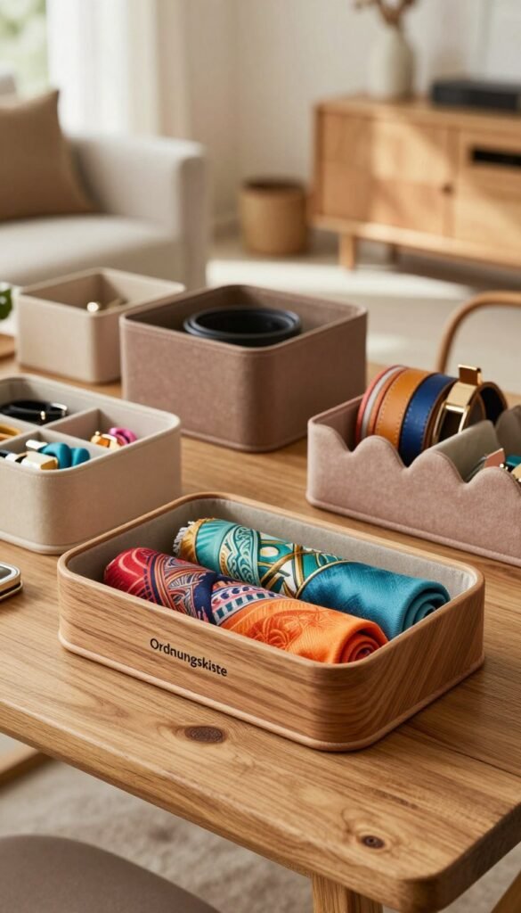 A beautifully organized array of "Ordnungskiste" accessories storage solutions is displayed on a rustic wooden table, with various stylish organizers for belts, scarves, and small items. In the foreground, a sleek belt organizer with soft, rounded edges and a warm wood finish is prominently featured, alongside vibrant scarves neatly folded. The middle ground showcases additional storage boxes in earthy hues, inviting a cozy ambiance, while a selection of colorful accessories is artistically arranged around them. The background features a softly blurred, modern living space bathed in natural light, enhancing the inviting atmosphere. The overall look reflects warmth and authenticity, embodying a Pinterest-inspired aesthetic.