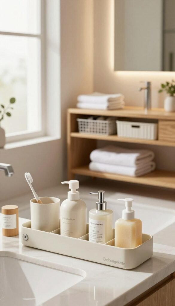 A beautifully organized bathroom featuring a variety of practical storage solutions from "Ordnungskiste". In the foreground, display elegant, neatly arranged containers holding toiletries, with a toothbrush holder and a soap dispenser that complement the aesthetic. The middle ground showcases a stylish wooden shelf holding neatly folded towels and a set of practical baskets, enhancing the sense of order. In the background, a well-lit mirror reflects a serene, uncluttered space, adorned with minimalistic decorations like a potted plant. Natural light filters in through a frosted window, creating a warm, inviting atmosphere with soft shadows. The overall mood evokes tranquility and efficiency, perfect for illustrating effective organization systems in a modern bathroom.