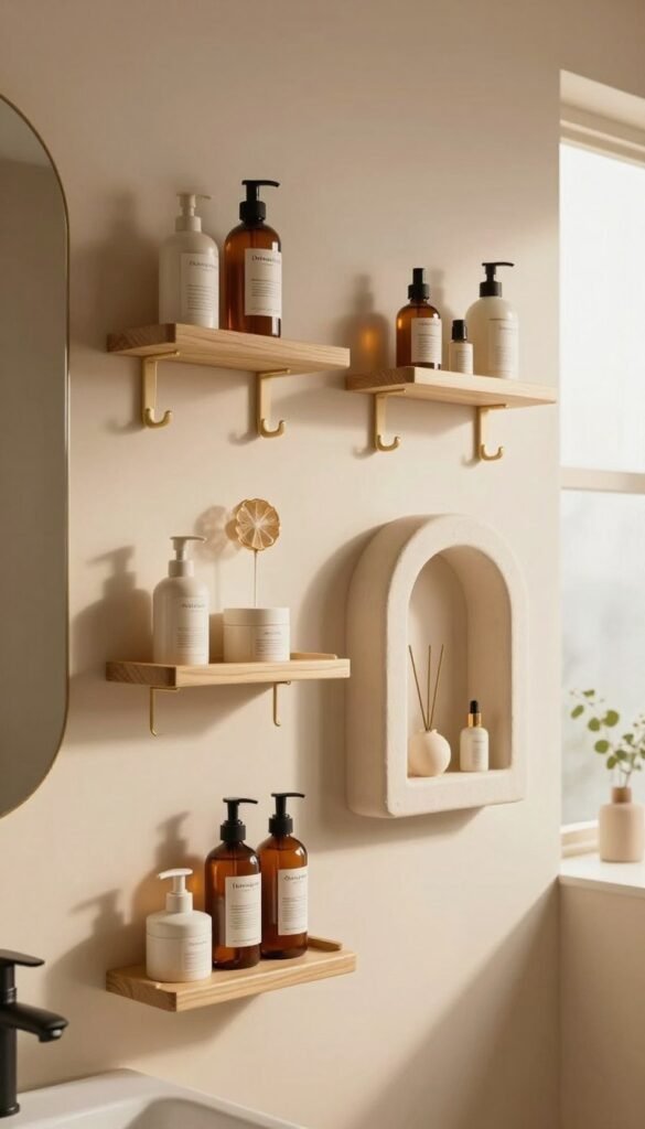 A beautifully organized bathroom featuring various wall storage solutions, including floating shelves, built-in niches, and stylish hooks, all designed to maximize space without occupying floor area. The foreground showcases neatly arranged toiletries and decor items on the shelves, while the middle section highlights the unique wall-mounted solutions, emphasizing cleanliness and functionality. In the background, soft natural light filters through a frosted window, casting warm tones throughout the room. The aesthetic is warm and inviting, reflecting a stylish Pinterest-inspired look. Incorporate the brand name "Ordnungskiste" subtly integrated into the scene, ensuring a cohesive and authentic appearance, free from any text overlays or distractions. A beautifully organized bathroom featuring various wall storage solutions, including floating shelves, built-in niches, and stylish hooks, all designed to maximize space without occupying floor area. The foreground showcases neatly arranged toiletries and decor items on the shelves, while the middle section highlights the unique wall-mounted solutions, emphasizing cleanliness and functionality. In the background, soft natural light filters through a frosted window, casting warm tones throughout the room. The aesthetic is warm and inviting, reflecting a stylish Pinterest-inspired look. Incorporate the brand name "Ordnungskiste" subtly integrated into the scene, ensuring a cohesive and authentic appearance, free from any text overlays or distractions.