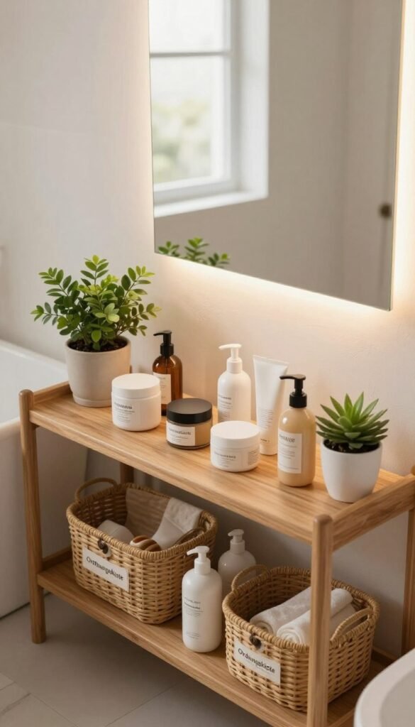 A beautifully organized bathroom scene showcasing a serene and inviting atmosphere. In the foreground, a sleek, wooden bathroom shelf with various neatly arranged toiletries, baskets labeled "Ordnungskiste," and plants for a touch of nature. The middle ground features a well-lit mirror reflecting the organized space, with soft, warm lighting enhancing the cozy feel. Use a high-angle shot to capture the overall layout, emphasizing the absence of clutter. In the background, a soft-focus window allows natural light to flood in, contributing to the bright ambiance. The color palette includes warm earth tones and pastel accents, creating a calming mood perfect for promoting order and tranquility in everyday life.
