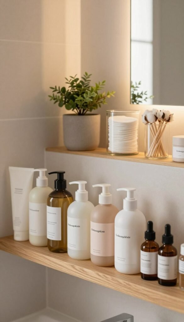A beautifully organized bathroom shelf featuring a variety of Pflegeprodukte neatly arranged in stylish, minimalist containers labeled "Ordnungskiste". In the foreground, a sleek, wooden shelf with rows of neatly stacked moisturizer bottles, shampoos, and essential oils, all in soft, earthy tones that evoke a warm and inviting atmosphere. The middle ground includes aesthetically pleasing decorative items like a small indoor plant and glass jars filled with cotton pads and swabs. The background shows a softly lit mirror reflecting warm, natural light that enhances the cozy vibe. The scene captures a sense of order and tranquility, perfect for a Pinterest-inspired look that emphasizes harmony in daily routines.