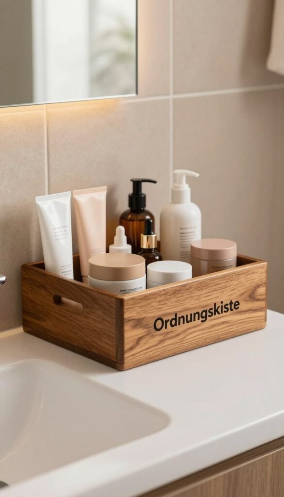 A beautifully organized bathroom sink area featuring a stylish washbasin, harmoniously arranged with tubes of cosmetics, skincare products, and small essentials in neatly labeled containers. The foreground showcases the eye-catching "Ordnungskiste" storage box, crafted from warm wood with a polished finish. The middle ground includes jars and bottles of various shapes and sizes, each thoughtfully placed to prevent clutter. The background reveals softly illuminated tiles in earthy tones, reflecting a serene and tidy atmosphere, enhanced by gentle natural light coming from a nearby window. The composition uses a shallow depth of field to focus on the organizing features, while the overall mood remains warm and inviting, reminiscent of popular Pinterest aesthetics.