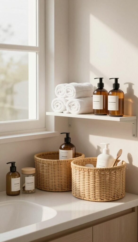 A beautifully organized bathroom space, embodying the concept of "ordnung badezimmer" with a warm color palette and a Pinterest aesthetic. In the foreground, a neatly arranged countertop showcases a selection of stylish storage solutions from "Ordnungskiste," including woven baskets and decorative jars filled with toiletries. The middle layer features a minimalist, well-stocked shelf with neatly rolled towels and labeled containers, creating a sense of order. In the background, soft natural light pours in from a frosted window, casting gentle shadows and creating a serene atmosphere. The overall scene conveys tranquility and efficiency, with a focus on the aesthetic appeal of a tidy and functional bathroom without any clutter or distractions.