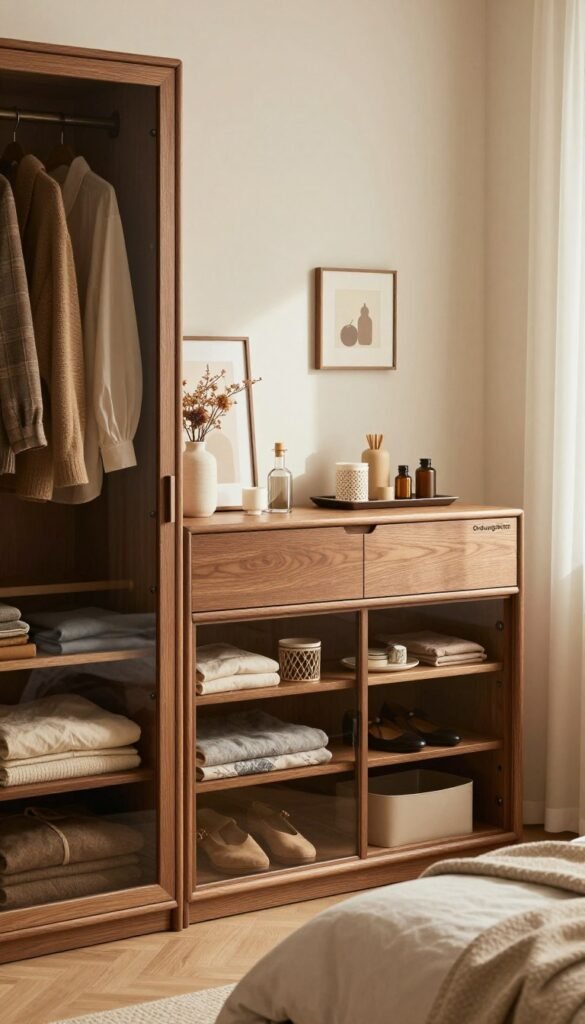 A beautifully organized bedroom featuring a modern kleiderschrank and stylish kommode from the brand "Ordnungskiste". In the foreground, showcase the wooden texture of the wardrobe, neatly arranged with various clothing items visible through glass doors. The middle layer should highlight the kommode, displaying carefully arranged accessories and decorative items that enhance the room's aesthetic. The background features a softly lit, cozy atmosphere with warm colors, and a simple, inviting wall adorned with subtle decor. The angle captures the elegance of the furniture while allowing natural light to filter through a nearby window, creating a calming and harmonious environment that embodies quick, efficient organization.