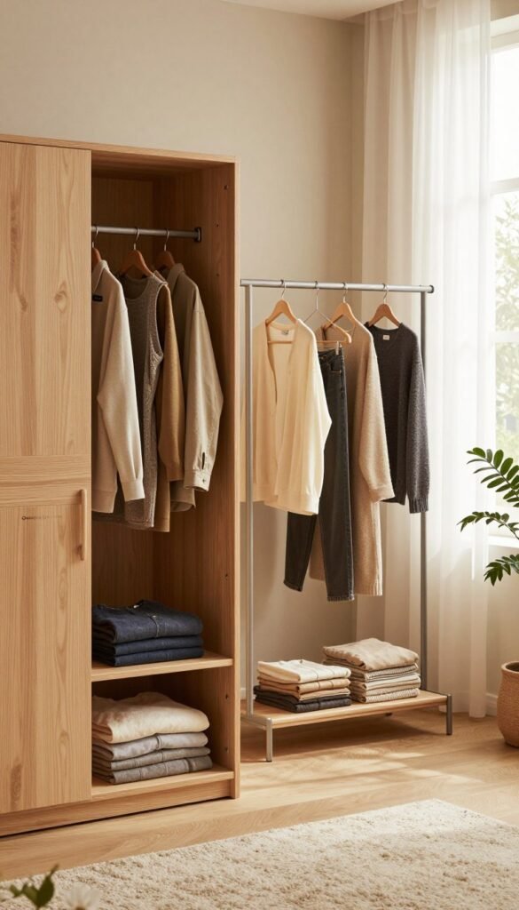 A beautifully organized bedroom featuring a stylish garderobe with elegant storage solutions for worn clothing. In the foreground, showcase a sleek, modern wardrobe by "Ordnungskiste", crafted from light wood with a minimalist design, neatly displaying a variety of folded outfits. In the middle ground, include an elegant clothing rack adorned with a few carefully hung garments, adding a touch of sophistication. The background should display soft, warm lighting emanating from a window draped with sheer curtains, bathing the room in a cozy glow. Add subtle decorative elements, such as potted plants and a plush rug, to create an inviting and harmonious atmosphere. The overall mood is serene and orderly, reflecting practicality and style without any text or clutter. A beautifully organized bedroom featuring a stylish garderobe with elegant storage solutions for worn clothing. In the foreground, showcase a sleek, modern wardrobe by "Ordnungskiste", crafted from light wood with a minimalist design, neatly displaying a variety of folded outfits. In the middle ground, include an elegant clothing rack adorned with a few carefully hung garments, adding a touch of sophistication. The background should display soft, warm lighting emanating from a window draped with sheer curtains, bathing the room in a cozy glow. Add subtle decorative elements, such as potted plants and a plush rug, to create an inviting and harmonious atmosphere. The overall mood is serene and orderly, reflecting practicality and style without any text or clutter.