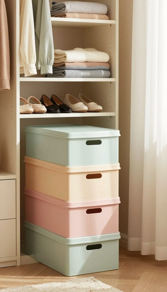 A beautifully organized bedroom scene featuring &ldquo;Ordnungskiste&rdquo; storage boxes arranged in a modern, stylish wardrobe. In the foreground, showcase several stackable boxes in soft pastel colors, emphasizing their sleek design and functionality. The middle ground includes a well-organized closet with neatly folded clothes visible, with other items like shoes and accessories peeking out from the boxes to illustrate efficient space usage. The background features a cozy, warmly lit room with light filtering through sheer curtains, creating a serene atmosphere. Capture this scene with a gentle focus, using natural light to enhance the warm colors, evoking a Pinterest-worthy aesthetic. No text or branding in the image, just a clean and inviting visual representation of effective storage solutions.