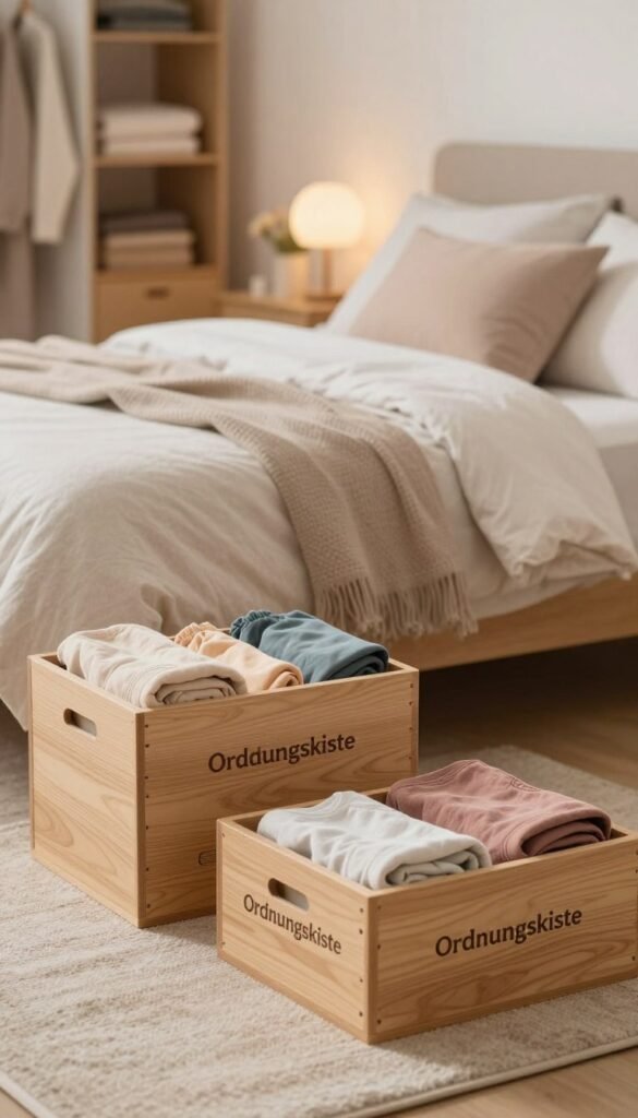 A beautifully organized bedroom scene featuring wooden "Ordnungskiste" storage boxes elegantly placed on a soft, neutral-toned rug. In the foreground, a few open boxes reveal neatly folded clothing in calming pastel colors, showcasing the best practices for clothing storage. The middle of the image has a neatly made bed with cozy, inviting linens, complemented by soft pillows that enhance the warmth of the atmosphere. In the background, a tasteful wardrobe with soft, ambient lighting casts a gentle glow, highlighting the importance of order. Use a shallow depth of field to focus on the storage boxes, evoking a serene and harmonious mood typical of Pinterest aesthetics, with natural lighting that adds warmth and authenticity, while ensuring the space is clutter-free.