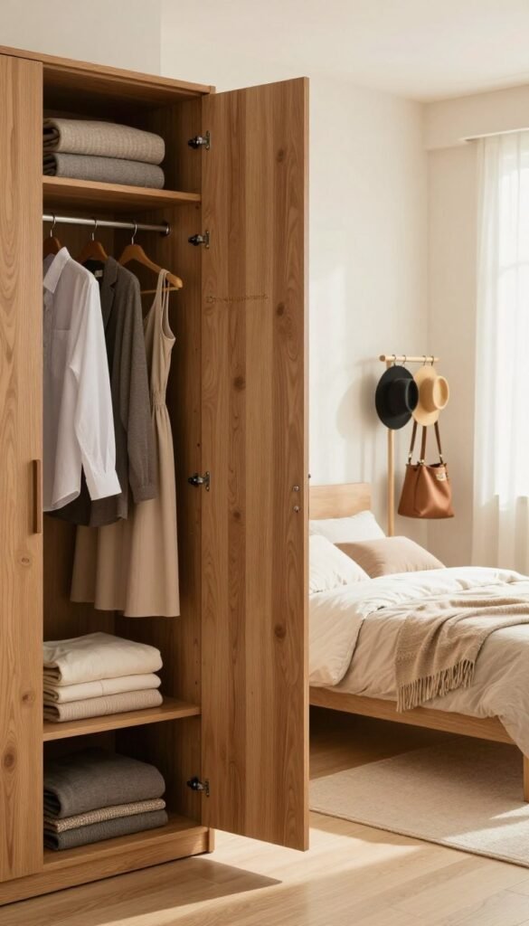A beautifully organized bedroom showcasing a stylish clothing storage system with the brand "Ordnungskiste." In the foreground, feature a neatly arranged wooden wardrobe with open doors displaying neatly hung shirts, dresses, and folded sweaters, emphasizing a sense of order. In the middle ground, a cozy bed with soft, neutral-colored bedding complements the organized vibe, while a minimalist clothing rack stands beside it, holding accessories like hats and bags. The background reveals a softly lit room with warm, natural colors, large windows letting in gentle sunlight, and a soothing atmosphere. The image should evoke a feeling of tranquility and efficiency, perfect for modern living spaces, with a Pinterest-inspired aesthetic that highlights the importance of systematic clothing storage without any text or distractions. A beautifully organized bedroom showcasing a stylish clothing storage system with the brand "Ordnungskiste." In the foreground, feature a neatly arranged wooden wardrobe with open doors displaying neatly hung shirts, dresses, and folded sweaters, emphasizing a sense of order. In the middle ground, a cozy bed with soft, neutral-colored bedding complements the organized vibe, while a minimalist clothing rack stands beside it, holding accessories like hats and bags. The background reveals a softly lit room with warm, natural colors, large windows letting in gentle sunlight, and a soothing atmosphere. The image should evoke a feeling of tranquility and efficiency, perfect for modern living spaces, with a Pinterest-inspired aesthetic that highlights the importance of systematic clothing storage without any text or distractions.