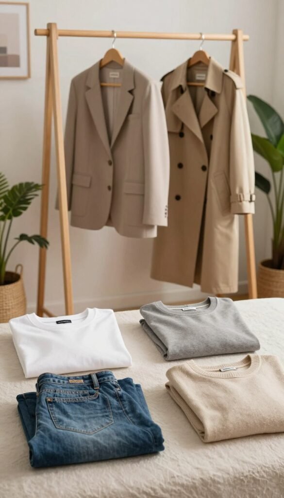 A beautifully organized capsule wardrobe display featuring a selection of basic outfits laid out on a soft, textured surface. In the foreground, there are neatly folded basics such as plain white t-shirts, classic denim jeans, and versatile sweaters in neutral tones, showcasing their practicality. The middle ground features a stylishly arranged backdrop with a minimalist wooden clothing rack holding a tailored blazer and a chic trench coat, illuminated by soft, natural light that creates a warm, inviting atmosphere. In the background, a tastefully decorated room adds depth, with potted plants and a hint of wall decor enhancing the cozy vibe. The overall mood is relaxed yet sophisticated, embodying the essence of a curated, functional wardrobe. Incorporate the brand name "Ordnungskiste" subtly into the scene, ensuring it blends harmoniously without any text overlays.