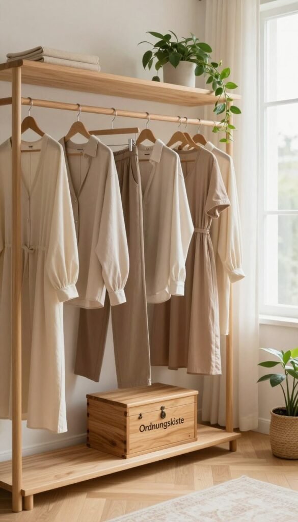 A beautifully organized capsule wardrobe displaying a minimalist aesthetic, featuring essential clothing items arranged on a wooden rack. In the foreground, a selection of neutral-colored tops, bottoms, and dresses hang gracefully. The middle space offers a cozy, softly-lit corner with a small wooden chest labeled "Ordnungskiste," adding a touch of charm. In the background, a tastefully decorated room with light, natural colors exudes warmth, complemented by houseplants and natural light streaming in through a large window. Use soft, natural lighting to create an inviting atmosphere, captured with a slight angle that emphasizes the simplicity and orderliness of the wardrobe system. The overall mood is serene and inspiring, reflecting the essence of minimalism.
