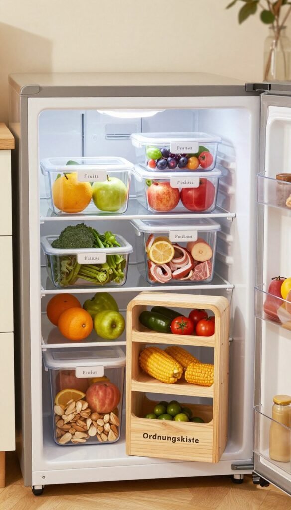 A beautifully organized chest freezer, showcasing various clear storage bins labeled with different food categories, such as fruits, vegetables, meats, and prepared meals. In the foreground, a stylish and modern 'Ordnungskiste' organizer stands out, crafted from natural materials. The middle layer features an arrangement of these bins in an efficiently organized manner, emphasizing size variety. The background includes a softly lit kitchen environment with warm, inviting colors, creating a cozy atmosphere. The image is shot from a slightly elevated angle, capturing the orderly contents of the freezer while highlighting the practicality of effective storage solutions. The overall mood is serene and appealing, perfect for illustrating the importance of organization in maintaining a tidy space. The composition is natural, resembling a Pinterest-inspired aesthetic, without any text or overlays. A beautifully organized chest freezer, showcasing various clear storage bins labeled with different food categories, such as fruits, vegetables, meats, and prepared meals. In the foreground, a stylish and modern 'Ordnungskiste' organizer stands out, crafted from natural materials. The middle layer features an arrangement of these bins in an efficiently organized manner, emphasizing size variety. The background includes a softly lit kitchen environment with warm, inviting colors, creating a cozy atmosphere. The image is shot from a slightly elevated angle, capturing the orderly contents of the freezer while highlighting the practicality of effective storage solutions. The overall mood is serene and appealing, perfect for illustrating the importance of organization in maintaining a tidy space. The composition is natural, resembling a Pinterest-inspired aesthetic, without any text or overlays.