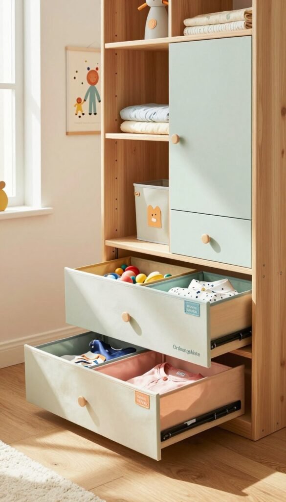 A beautifully organized children's wardrobe featuring a "boxen schubladen schrank" designed by the brand "Ordnungskiste." In the foreground, display colorful, labeled fabric boxes neatly arranged in open drawers, showcasing their contents like toys and clothing for easy access. The middle layer should reveal a well-crafted wooden wardrobe with a combination of open shelving and closed drawers, painted in soft pastel hues for a warm and inviting atmosphere. In the background, softly diffuse natural light streams through a nearby window, illuminating the room with a cozy glow, casting gentle shadows on the wooden floor. Include decorative elements like a plush rug and cheerful wall art, enhancing the Pinterest-inspired, authentic look of a child's space, making it feel both functional and playful. A beautifully organized children's wardrobe featuring a "boxen schubladen schrank" designed by the brand "Ordnungskiste." In the foreground, display colorful, labeled fabric boxes neatly arranged in open drawers, showcasing their contents like toys and clothing for easy access. The middle layer should reveal a well-crafted wooden wardrobe with a combination of open shelving and closed drawers, painted in soft pastel hues for a warm and inviting atmosphere. In the background, softly diffuse natural light streams through a nearby window, illuminating the room with a cozy glow, casting gentle shadows on the wooden floor. Include decorative elements like a plush rug and cheerful wall art, enhancing the Pinterest-inspired, authentic look of a child's space, making it feel both functional and playful.