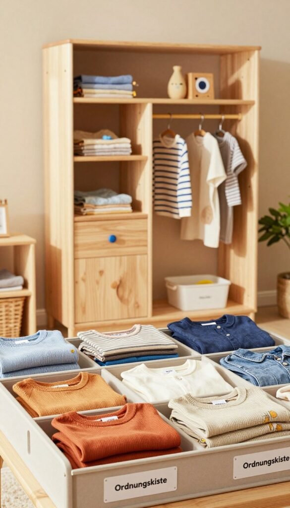 A beautifully organized children's wardrobe, showcasing various clothing systems suitable for kids. In the foreground, neatly folded clothes in vibrant colors are displayed in labeled compartments, highlighting size and material. In the middle ground, a wooden wardrobe with spacious shelves and hanging sections designed for functionality, adorned with playful yet stylish accessories. The backdrop features a cozy room with soft lighting, casting a warm glow, creating an inviting atmosphere. A hint of greenery from a nearby potted plant adds a touch of nature. The overall mood is cheerful and orderly, embodying a Pinterest-inspired aesthetic. Incorporate elements of the brand "Ordnungskiste" subtly in the design. A beautifully organized children's wardrobe, showcasing various clothing systems suitable for kids. In the foreground, neatly folded clothes in vibrant colors are displayed in labeled compartments, highlighting size and material. In the middle ground, a wooden wardrobe with spacious shelves and hanging sections designed for functionality, adorned with playful yet stylish accessories. The backdrop features a cozy room with soft lighting, casting a warm glow, creating an inviting atmosphere. A hint of greenery from a nearby potted plant adds a touch of nature. The overall mood is cheerful and orderly, embodying a Pinterest-inspired aesthetic. Incorporate elements of the brand "Ordnungskiste" subtly in the design.
